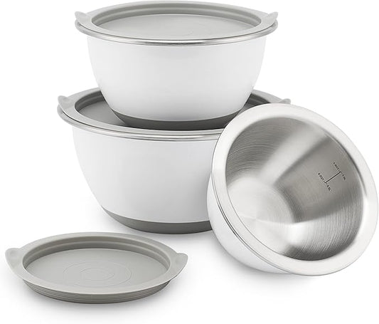 18/8 Stainless Steel Mixing Bowls Set with Lids,1.5,3 & 5 Qt,White | Non-Slip Silicone Base & Measurement Marks, Airtight Food Storage for Baking, Cooking & Meal Prep，Nesting Design by Rorence