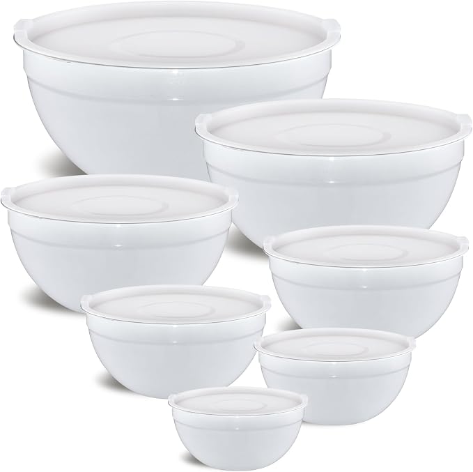 White Mixing Bowls with Airtight Lids, Stainless Steel Nesting Mixing Bowls Set of 7, Ideal for Baking, Prepping and Serving Food, Size 7, 3.6, 2.7, 2.1, 1.5, 1.1,0.8 QT, Stackable Design by Moxinox