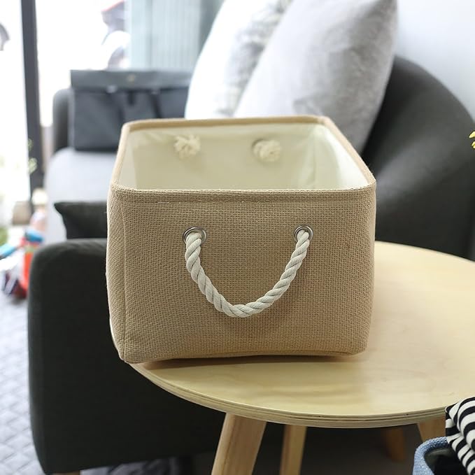 Decorative Basket Rectangular Small Storage Basket Fabric Storage Bin Organizer Basket with Handles for Clothes Storage (Beige, 11.8L×7.9W×5.2H inch) - Image 3