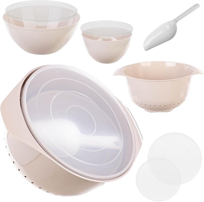 KADAX Plastic Bowl Set - Mixing Bowls with Lids 1.5L & 3L, Scoop & 3.5L Kitchen Strainer - Stackable Kitchen Accessories for Baking, Cooking, Washing & Storing by Unknown