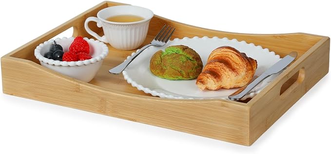 Gobam Bamboo Serving Tray with Handles (16.5-Inch), Solid Decorative Wood Tray for Ottoman Coffee Table, Natural Rectangle Breakfast in Bed Tray for Eating, Food and Drinks Platter by GOBAM