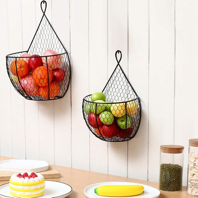 ERYTLLY Metal Fruit And Vegetable Storage Hanging Basket Wall Mounted, For Kitchen Black Wire Baskets for Flowers, Fruits and Veggies, - Set of 2 - Image 2