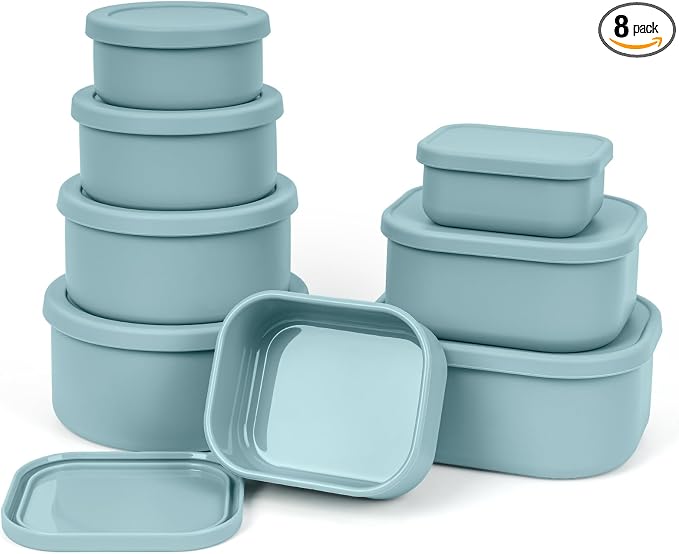 100% Silicone Food Storage Containers with Lids, 8 Pack, 10oz to 51oz, Reusable Leakproof Nesting & Stackable Silicone Bento Lunch Box, Microwave Freezer Dishwasher Oven Safe, BPA Free, Slate Green by Annaklin