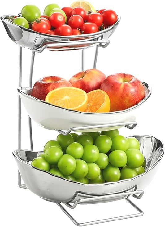 Gold Silver Fruit Bowl with Metal Stand, 3 Tier Ceramic White Fruit Bowl Fruit Rack for Kitchen Counter, Tiered Fruit Basket for Snacks Bread Candy Storage (Silver (Smooth Surface)) by MEIGLQEA