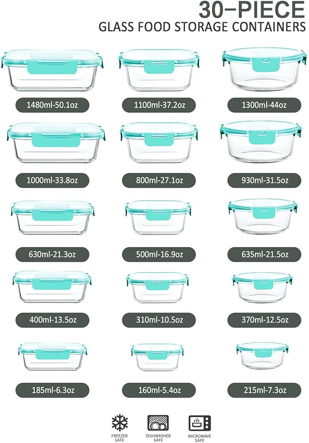 30 Pieces Glass Food Storage Containers with Upgraded Snap Locking Lids,Glass Meal Prep Containers Set - Airtight Lunch Containers, Microwave, Oven, Freezer and Dishwasher Friendly (Green) - Image 2