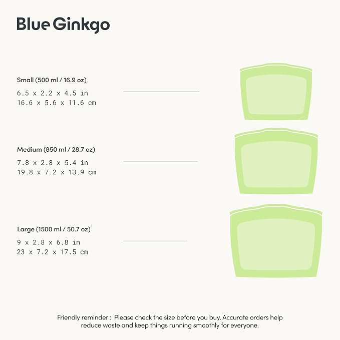 Blue Ginkgo Silicone Food Storage Bags, 3-Pack, Reusable, Made in Korea | Leakproof. Stand Up. Freezer and Dishwasher Safe. (Olive Green) - Image 3