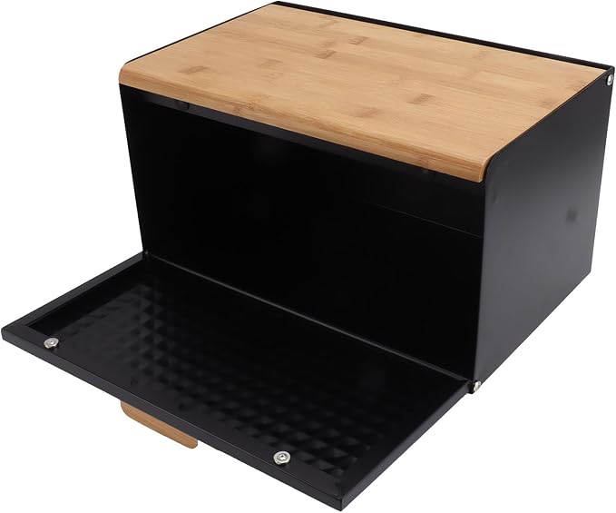 Black Bread Box for Kitchen Countertop, Metal Bread Box for Homemade Bread, Vintage Heavy Duty Large Capacity Bread Storage Container Bin Wood Farmhouse Breadbox Organizer for Kitchen Lovers (Black) - Image 5