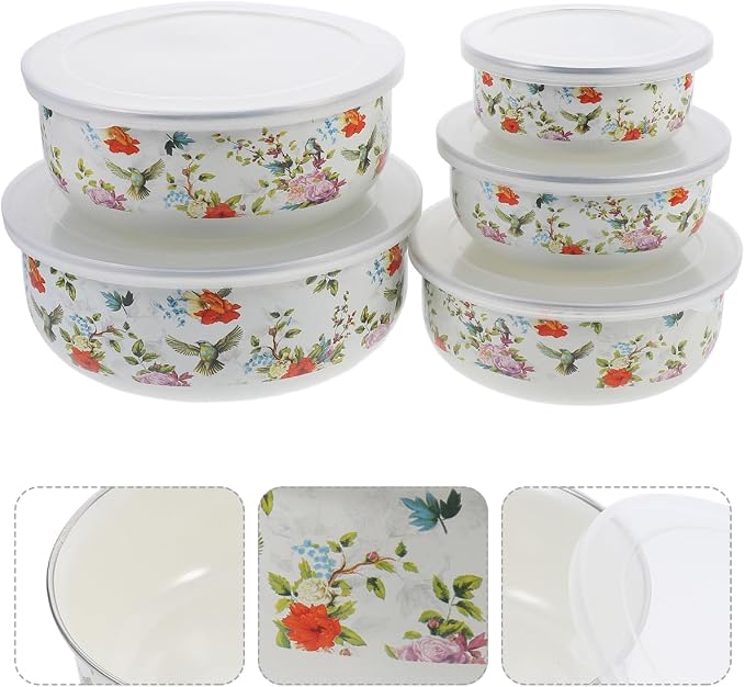 Cabilock 5-Piece Enamel Mixing Bowl Set with Lids - Vintage Nesting Food Storage Containers for Salad, Soup & Leftovers - Retro Farmhouse Kitchen Bowls, Space-Saving, Red - Image 5
