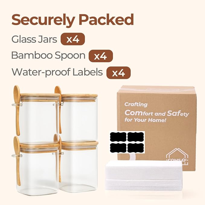 ComSaf Glass Container with Spoon & Lid 0.8 Qt, 4 Pack Glass jar with spoon | Coffee and Sugar Container Set, Coffee Bar, Salt Jar, Bamboo Lid with Silicone Seal, 27oz Canister, Spice,Seasoning, BPA Free - Image 8