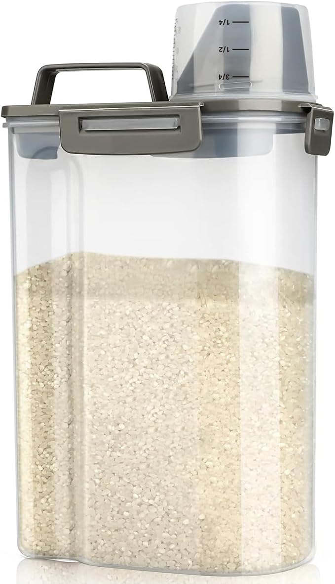Viretec Rice Airtight Storage Container, 3 to 5Lbs Cereal Dry Food Flour Bin, Pet Dog Cat Food Dispenser with Measuring Cup, BPA Free Clear Plastic Kitchen and Pantry Organization Bin for Sugar by Viretec