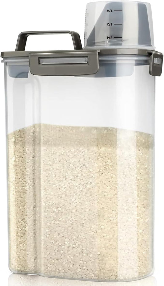 Viretec Rice Airtight Storage Container, 3 to 5Lbs Cereal Dry Food Flour Bin, Pet Dog Cat Food Dispenser with Measuring Cup, BPA Free Clear Plastic Kitchen and Pantry Organization Bin for Sugar by Viretec