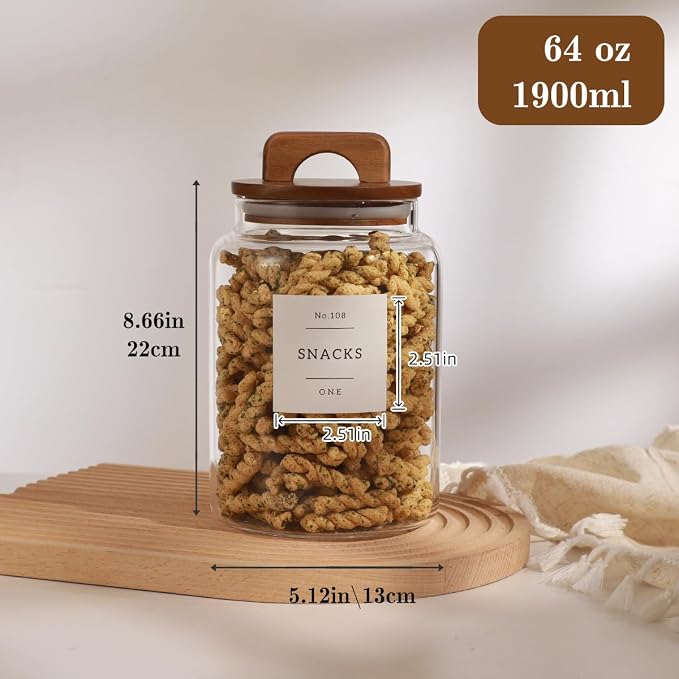 2 Pack Large Glass Flour and Sugar Containers with 132 Pantry Labels - 64 FL OZ Glass Canisters with Bamboo Airtight Lids - Farmhouse Glass Cookie Jars for Rice, Pasta, Cereal, Bath Salt - Image 4