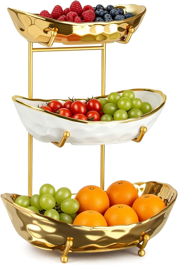 3 Tier Ceramic Fruit Bowl for Kitchen Counter, Tiered Fruit Basket Stand with Gold Metal Rack, Decorative Fruit Holder for Table, No Assembly Serving Bowls for Party Snacks & Housewarming Gift by YUNLINLI