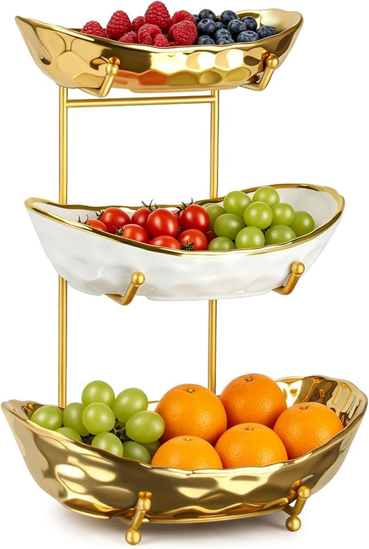 3 Tier Ceramic Fruit Bowl for Kitchen Counter, Tiered Fruit Basket Stand with Gold Metal Rack, Decorative Fruit Holder for Table, No Assembly Serving Bowls for Party Snacks & Housewarming Gift by YUNLINLI