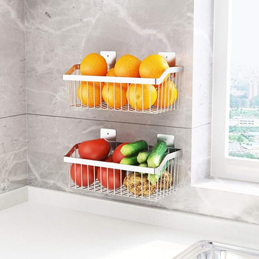 2PCS Kitchen Storage Metal Wire Fruit Basket - SUS304 Stainless steel Organizer Storage Bin Baskets for Bathroom - Space Saving Design for Pantry Organization, Spice Rack,Self Adhesive（Silver） by kaileyouxiangongsi