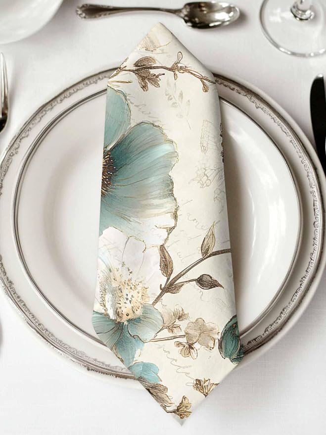 Turquoise Flowers Cloth Napkins Washable Set of 8, 20 x 20 Inch Reusable Rustic Spring Botanical Floral Butterfly Dinner Table Napkins Cloth Bulk for Weddings Kitchen Restaurants Hotel Events Parties - Image 2