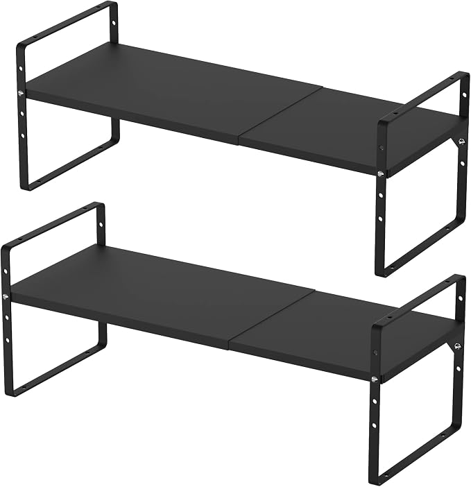 2 Pack Expandable Cabinet Storage Shelf Organizer Rack, Heavy Duty Steel Metal Spice Rack Adjustable Height Office Garage Pantry Shelf Space Riser for Counter Kitchen Organization, Black - Image 7