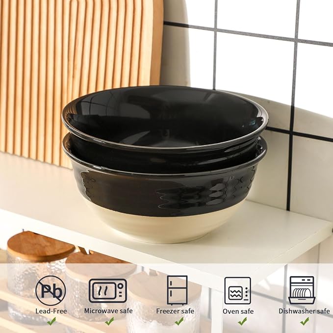 HASENSE Large Porcelain Serving Bowls Set of 2, 60 Oz 8.5 Inch Black & Beige Stoneware Mixing Bowls, Farmhouse Bowls for Salad, Soup & Pasta, Dishwasher & Microwave Safe - Image 4