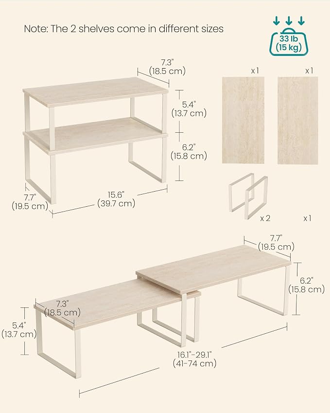 SONGMICS Cabinet Organizer Shelf, Set of 2 Kitchen Counter Shelves, Kitchen Storage, Spice Rack, Stackable, Expandable, Metal and Engineered Wood, 15.6 Inches, Beige & Cream White UKCS025L01 - Image 6