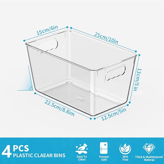 Clear Fridge Organizer Bins with Handles, 4 Pack Medium 10×6×5 Inch | Clear storage bins with handles, food organizer basket for kitchen, fridge, freezer and bedrooms - Image 3