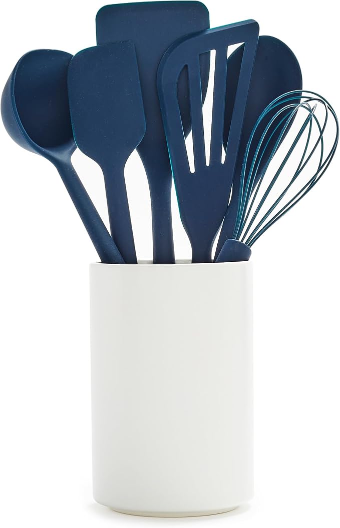 GreenPan Silicone 6 Piece Cooking Utensil Set & Holder, Spoon, Spatulas, Whisk, Ladle, Flexible Nonstick Kitchen Tools, Steel Core Heat-Resistant Anti-Slip Handle BPA-Free Dishwasher Safe, Oxford Blue by GreenPan