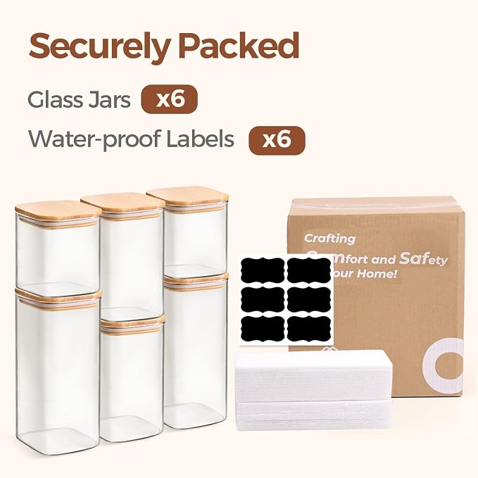 ComSaf Glass Pantry Storage Containers (0.7Qt/1.2Qt/1.6Qt) Set of 6, Square | Glass Storage Containers with Lids, Kitchen Canisters, Pantry Jar, Bamboo Lid with Silicone Seal, Flour Cereal Tea, BPA Free - Image 8