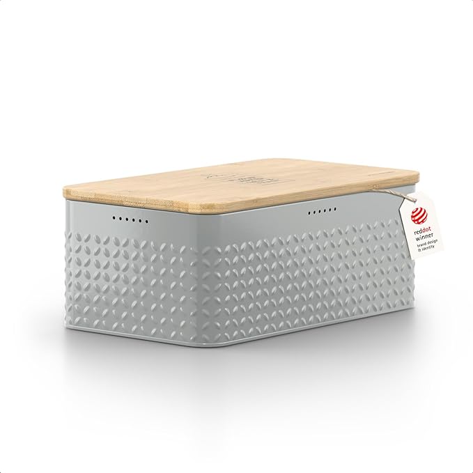LARS NYSØM Bread Box I Metal Box for long lasting freshness I Bread Bin with bamboo lid usable as cutting board I 13.4x7.7x5.3In (Pebble Gray) by LN