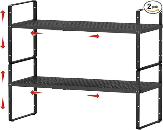 2Pcs Expandable Cabinet Shelf Organizers, 16.5"~27''L, Black | Adjustable Metal Spice Rack Organizer, Stackable, Kitchen Counter Storage, Cabinet Organization, 8" W x 9.6" H by jkxoo