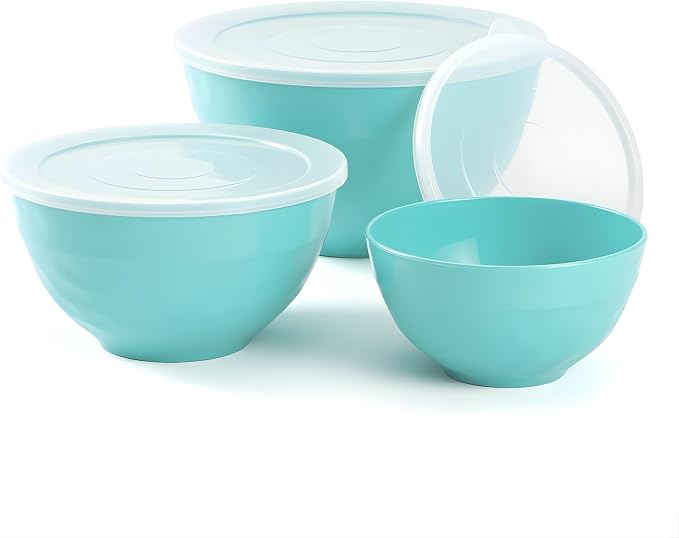 TP Mixing Bowl Set with Lids, 6-Piece Melamine Nesting Bowls Set for Pasta Baking Salad Mixing, Set of 3, Glossy Turquoise by TastePrime