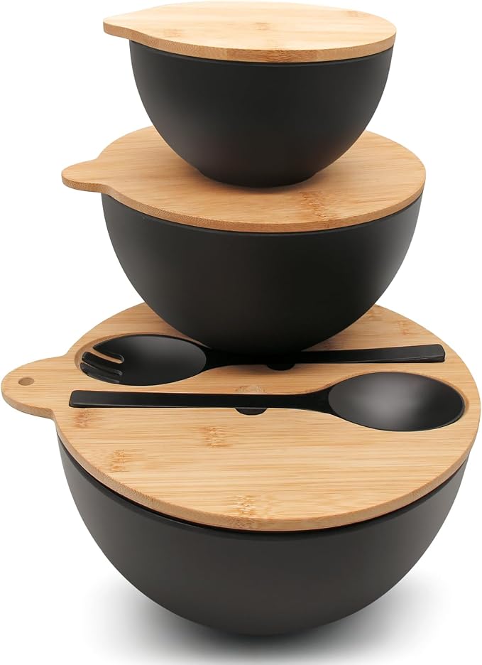 ECOWAY Salad Bowls Set of 3 with Seal Lid & Serving Utensils, Bamboo Fiber Mixing Bowls Set Large Serving Bowls & Storage Set with Bamboo Lid for Salad, Kitchen Eating, Pasta, Popcorn, Fruit, Black by ECWAY