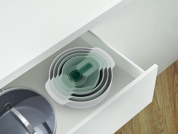 Joseph Joseph Nest 9 Plus, 9 Piece Compact Food Preparation Set with Mixing Bowls, Measuring cups, Sieve and Colander, Editions Range, Sage Green - Image 5