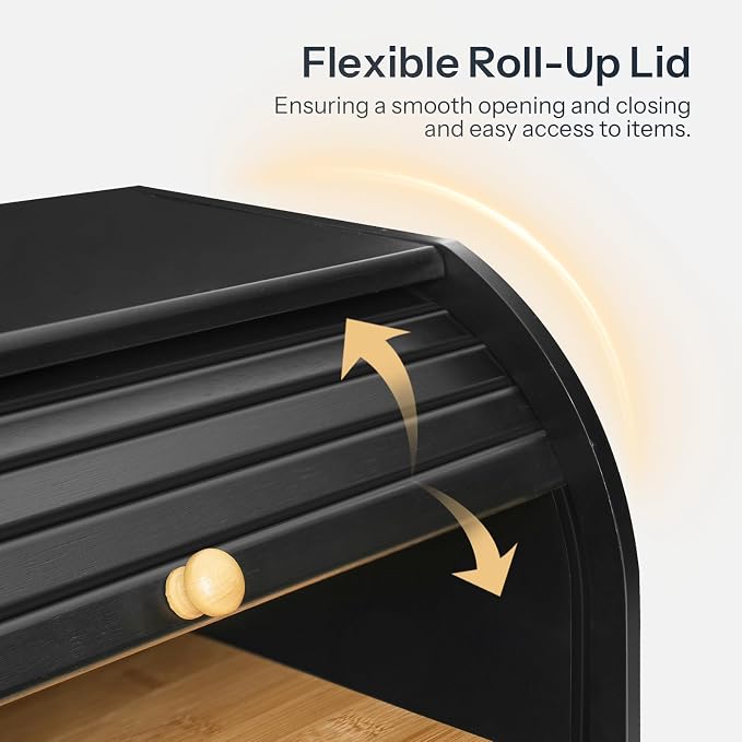 HOOBRO Bread Box, Bamboo Bread Box for Kitchen Countertop, 2 Tier Roll-Top Bread Bin, Food Storage Box, Large Capacity Keeper, Wooden Storage Cabinet, for Kitchen, Dining Room, Black BK13MB01 - Image 6