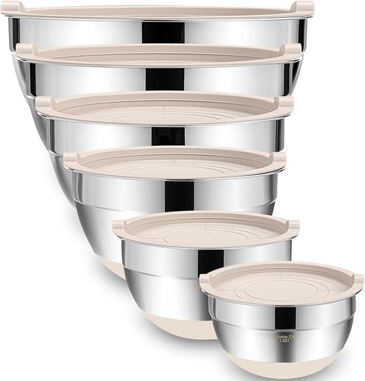 Umite Chef Mixing Bowls with Airtight Lids, 6 piece Stainless Steel Metal Nesting Storage Bowls, Non-Slip Bottoms Size 7, 3.5, 2.5, 2.0,1.5, 1QT, Great for Mixing & Serving (Khaki) by UmiteChef
