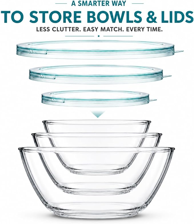 Luvan Glass Mixing Bowls with Lids Set(4.5QT, 2.7QT, 1.1QT)-Large Glass Mixing Bowls, Clear Salad Bowl for Baking, Cooking, Serving, Food Prep, 3PC Nesting Bowls for Kitchen Storage & Dishwasher Safe - Image 5