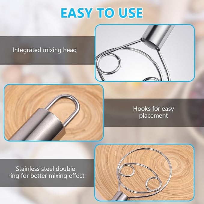 HOTUT 2 PCS 12 Inch Double Eyes Stainless Steel Danish Dough Whisk, Handheld Double Circle Flour Whisk for Whisking, Baking, Beating - Image 3