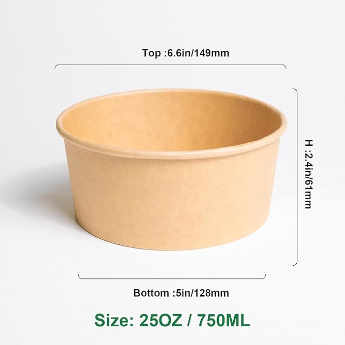 25oz Disposable Kraft Paper Round Bowls [No Lid] 88PK, Microwave Deli Containers, Salad Dressing Container for Lunch, Sturdy for Soup Toppings Snack Camping Family - Image 2