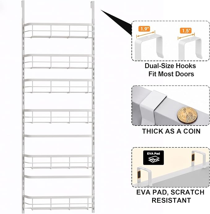 Apinol Over the Door Pantry Organizer, Adjustable 6 Tier Wide Storage Shelves with Hooks Fit Thin Doors Hold Spices Rack for Pantry Kitchen RV, White - Image 2