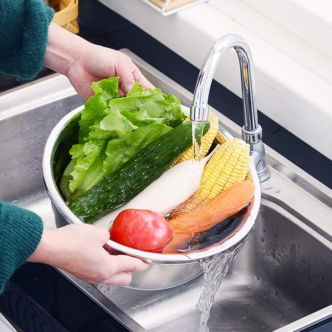 Stainless Steel Kitchen Basin Drain Basket Colander Set 3 in 1 Multifunctional Fruit Vegetable Julienne Grater Strainer Fine Mesh Basket Vegetable Rice Washing Bowl Set - Image 7