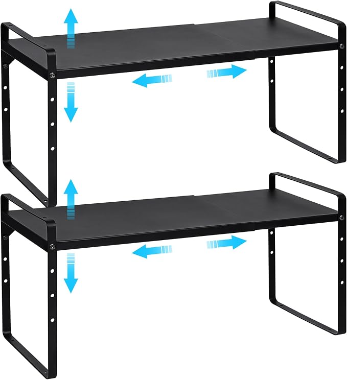 15.5 to 25.5 Inch Expandable Kitchen Cabinet Organizer Shelf, 2 Pack 30 LBS Heavy Duty Adjustable Kitchen Counter Storage Shelves Organizers,Stackable Small Storage Shelf Rack For Cabinet Cupboard by X-cosrack