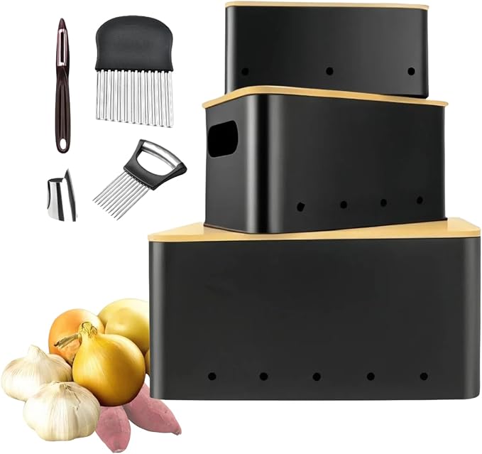 Modern kitchen storage container, stacked metal storage box, 3-piece set with wooden lid design, onion, garlic, potato metal cans, breathable storage box (Black) by AUKLETBLIEF