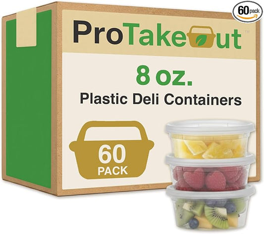 8oz [60 set] Heavy Duty Plastic Deli Container | BPA-Free Food Storage with Airtight Leak‑Proof Lids | Microwave, Freezer & Dishwasher Safe – Stackable, Bulk Reusable Soup & Meal Prep Tub by ProTakeOut