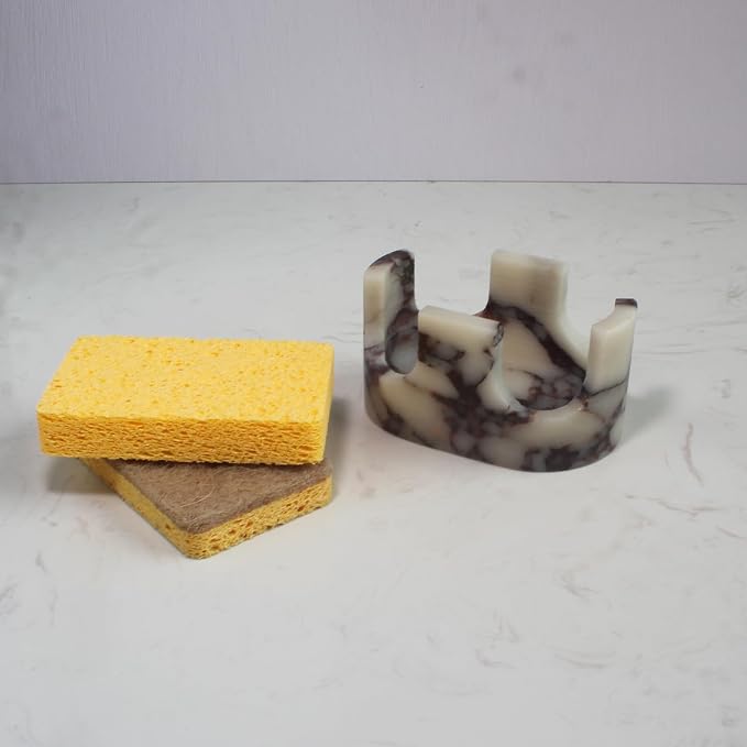 Natural Travertine Marble 2-Slot Sponge Holder for Kitchen Counter, 2-in-1 Stone Drying Rack, Sponge Caddy for Sink Organizer - Calacatta Viola Marble - Image 7