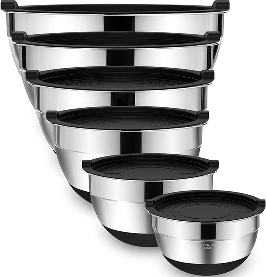 Umite Chef Mixing Bowls with Airtight Lids，6 piece Stainless Steel Metal Nesting Storage Bowls, Non-Slip Bottoms Size 7, 3.5, 2.5, 2.0,1.5, 1QT, Great for Mixing & Serving(Black) by UmiteChef