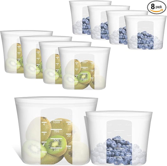 Reusable Sandwich & Snack Bags, 8 Pack 100% Silicone Stand Up Zip Lock Food Storage Bags for Food Container, Freezer Microwave Oven Dishwasher Safe, 4 Small 4 Extra Small, Translucent by Annaklin