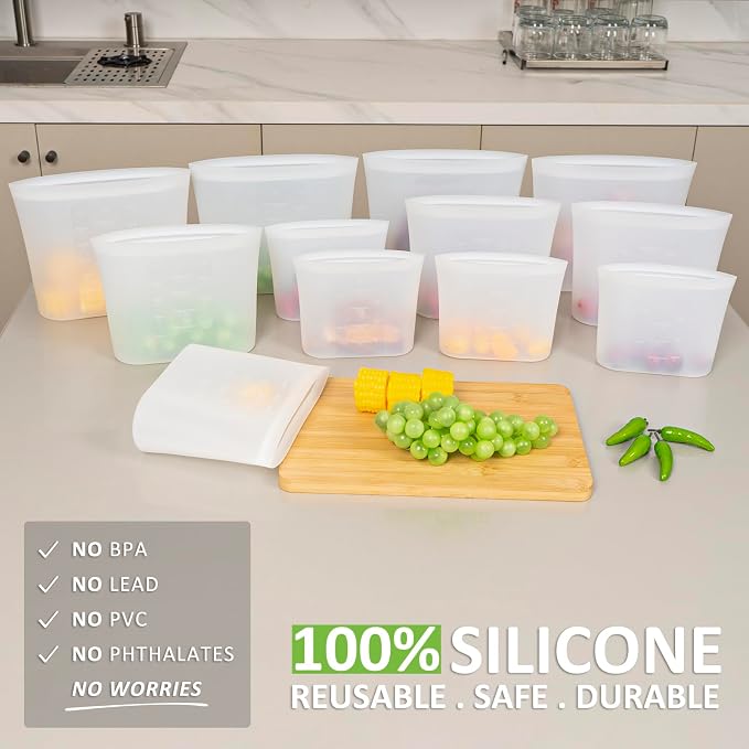 100% Silicone Reusable Storage Bag, 9 Pack Stand-Up Wide-Mouth Zip-Lock Food Storage Bags, Easy-Fill Easy-Open Easy-Clean Space-Saving, Microwave & Dishwasher Safe, 3 M/3 S/3 XS, Translucent - Image 2