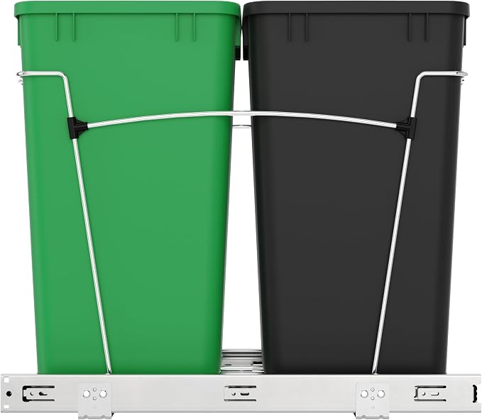 Rev-A-Shelf Pullout Trash Can for Kitchen Cabinets 27 Qt Garbage Recycling Bin with Full Extension Slide, Green/Black, RV-15KD-1918C-S - Image 7