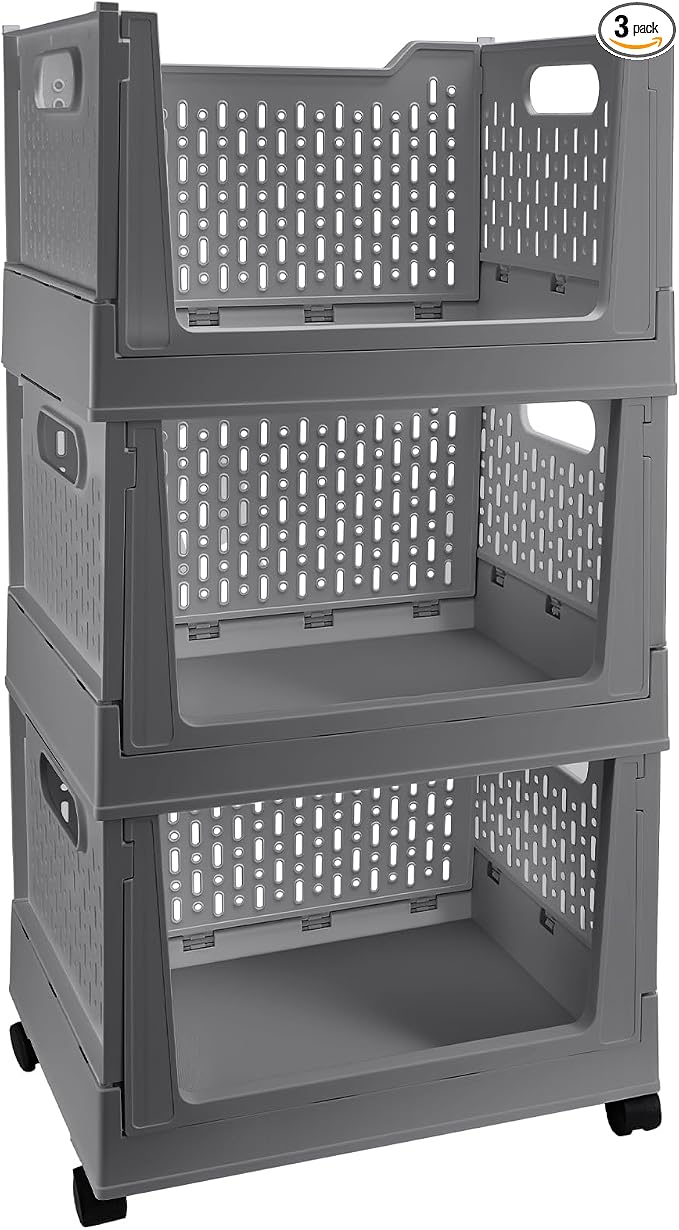 Stackable Plastic Storage Bins, 3 Pack Foldable Closet Organizers and Storage Basket with Wheels, Collapsible Drawer Shelf Storage Box Container for Office Bedroom Closet Wardrobe Kitchen Bathroom by BUZIFU