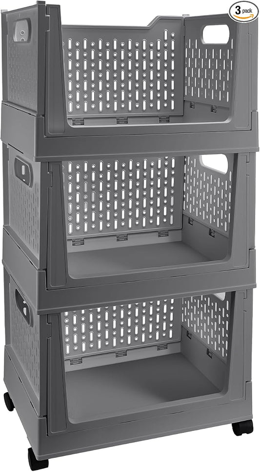 Stackable Plastic Storage Bins, 3 Pack Foldable Closet Organizers and Storage Basket with Wheels, Collapsible Drawer Shelf Storage Box Container for Office Bedroom Closet Wardrobe Kitchen Bathroom by BUZIFU