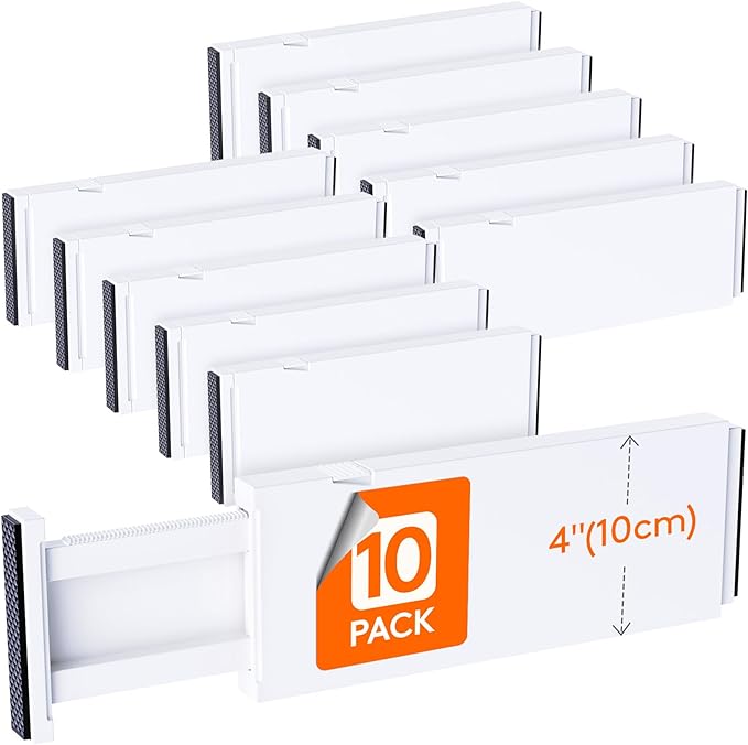 Lifewit 4" High Upgrade Drawer Divider, Adjustable Drawer Organizer Clothes | 10 Pack 11-17" Expandable White Plastic Drawer Separator for Dresser, Kitchen, Closet, Nursery, Office Organization & Storage by Lifewit