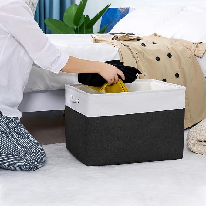 Organization and Storage for Shelves - Extra Jumbo 3 Pack 20.5x15.7x13.8 inch Fabric Storage Basket for Organizing, Storage Bins for Shoes Towel Blanket (White & Black) - Image 2